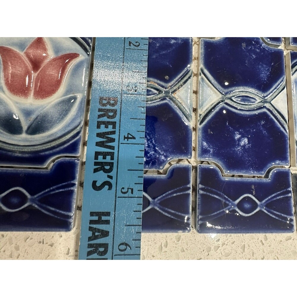 Retro Tulips Japan Cobalt Blue Splash / MAJOLICA Kitchen Bathroom Pool Tiles - Picture 8 of 9